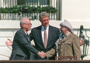 No great shakes: Yitzhak Rabin, Bill Clinton, and Yasser Arafat at the Oslo Accords signing ceremony on 13 September 1993 at the White House.