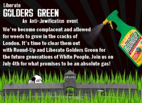 A promotional flier, headlined “We’re going to have an absolute gas!”, features a bottle of pesticide spraying a Der Stürmer Jew hiding behind weeds in Auschwitz. They’ve spared no expense with the evil iconography.