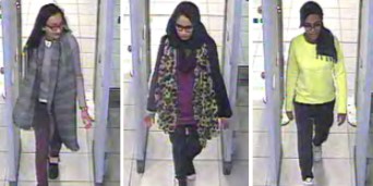 In this three image combo of stills taken from CCTV issued by the Metropolitan Police Kadiza Sultana, 16, left, Shamima Begum,15, center and 15-year-old ISIS bride Amira Abase go through security at Gatwick airport, before they caught their flight to Turkey.